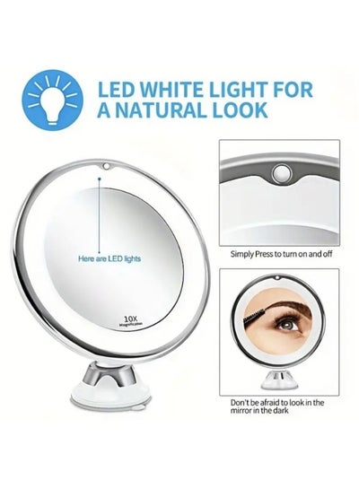 10X Magnifying Makeup Mirror With Lights, 3 Color Lighting, Bathroom Shower Mirror With Suction Cup 360 Degree Rotation, Portable, For Detailed Makeup, Close Skincare