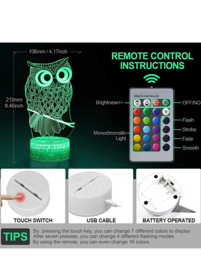Owl Night Light for Kids 3D Optical Illusion Light 16 Colour Changing Night Lamp with Remote Control Bedside Lamp  Birthday Gifts for Children and Adult