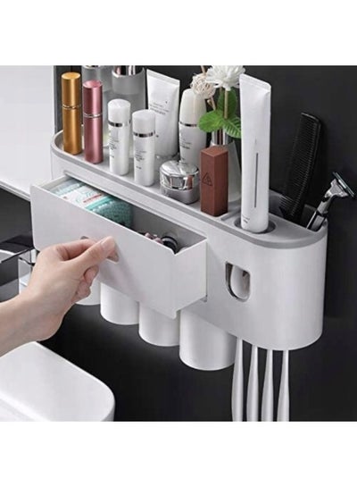 Toothbrush Holder Wall No Drilling Toothpaste Dispenser with 4 Cups 6 Toothbrush Holder