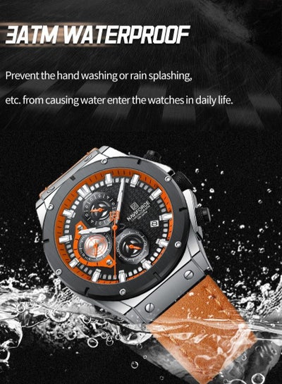 ساعة NAVIFORCE Fashion جلد طبيعي كوارتز كرونوغراف للرجال تاريخ تلقائي رياضي مقاوم للماء ساعات يد تناظرية