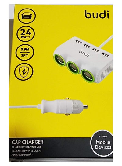 Budi 24W 3 CAR CHARGER SOCKET WITH 4 USB PORTS WITH 0.9M LONG CABLE