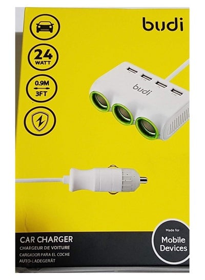 Budi 24W 3 CAR CHARGER SOCKET WITH 4 USB PORTS WITH 0.9M LONG CABLE