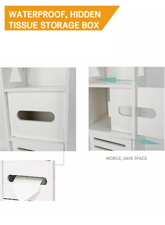 Eworld Waterproof White PVC Floor Cabinet Organizer, Stylish Storage Solution Featuring Shelves, Drawer, Tissue Holder, and Door for Bathroom, Kitchen, Living Room, or Bedroom Accessories