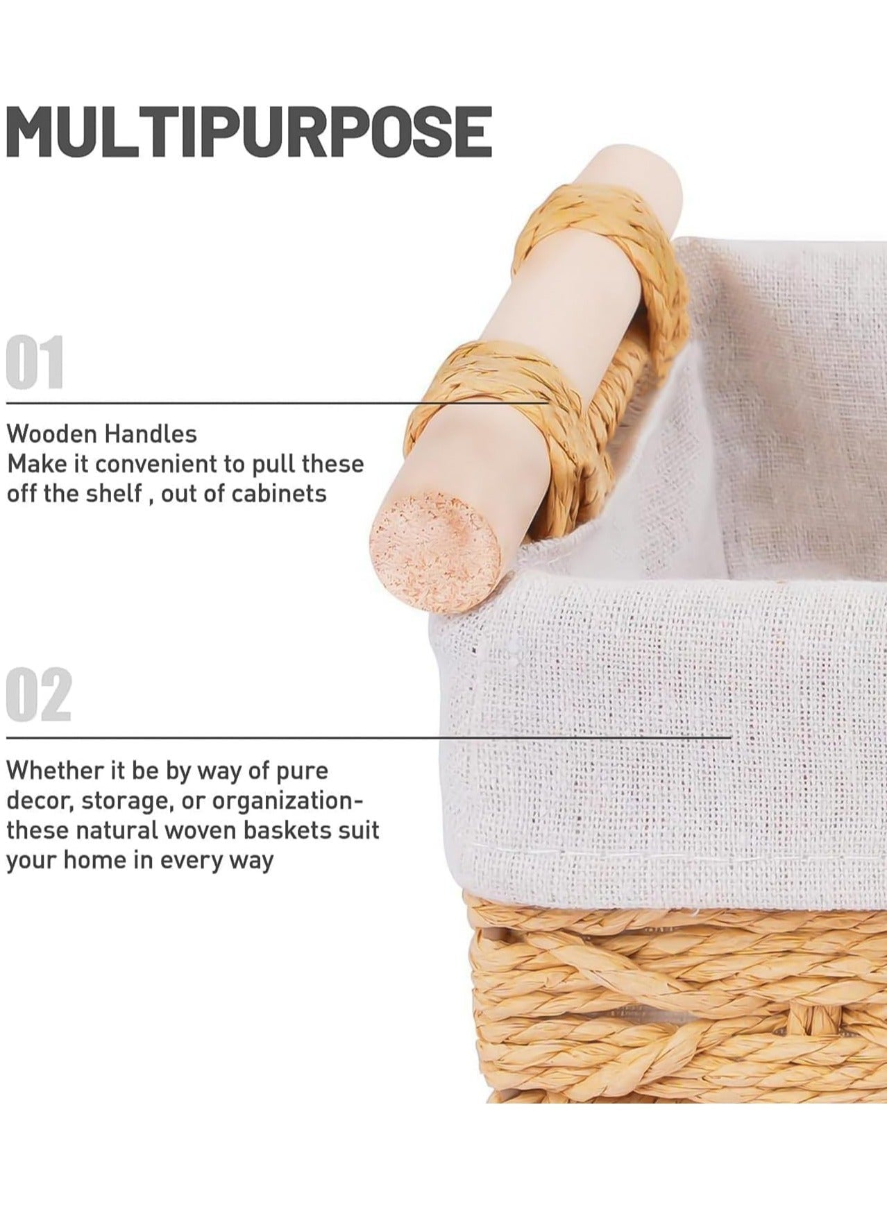 Set of 2 Rectangular Woven Storage Baskets with Washable Liners, Paper Rope Straw Rattan Baskets for Organizing with Handles, Ideal for Cosmetics, Toys, Books, and Daily Essentials
