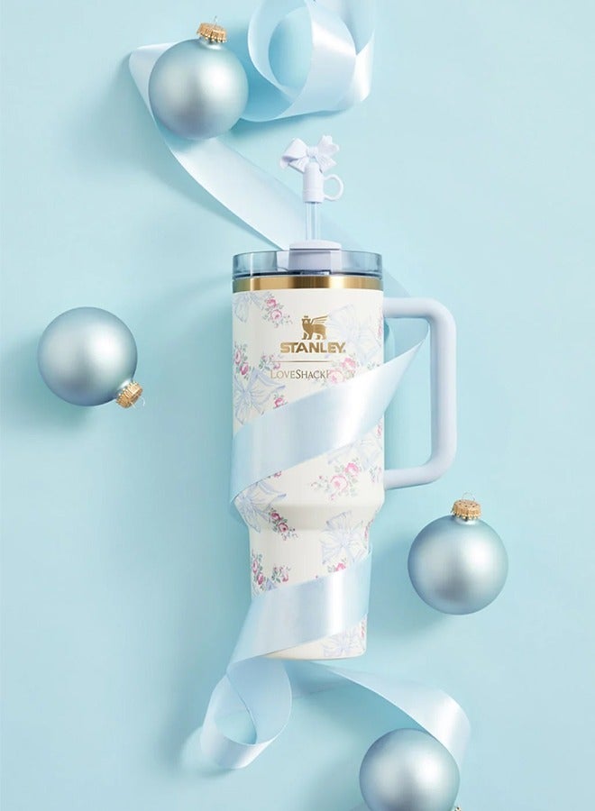Stanley Love Shack Fancy H2.0 Flow State 40oz Rosa Beaux Blue Tumbler, Stainless Steel Vacuum Insulated Quencher with Lid, Straw, Pouch and Stopper in Elegant Gift-Ready Packaging, Keeps Drinks Cold for Hours