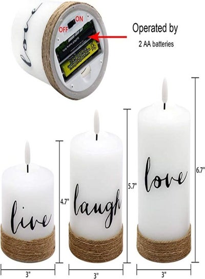Flameless Poster Candles with 6-Hour Timer, Set of 3 3-Wick Battery Operated Candles LED Live Love Laugh Rope Decor Candles