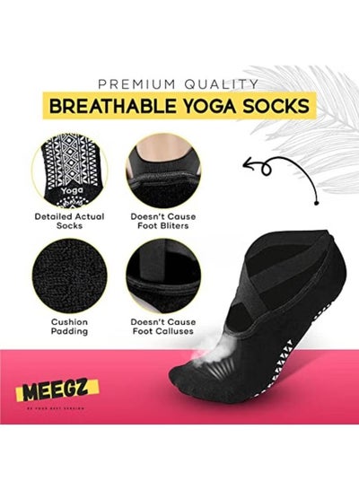 MEEGZ Three Pairs Socks by Meego for Women Non Slip Grips & Straps Sticky Grippers for Pilates Pure Barre