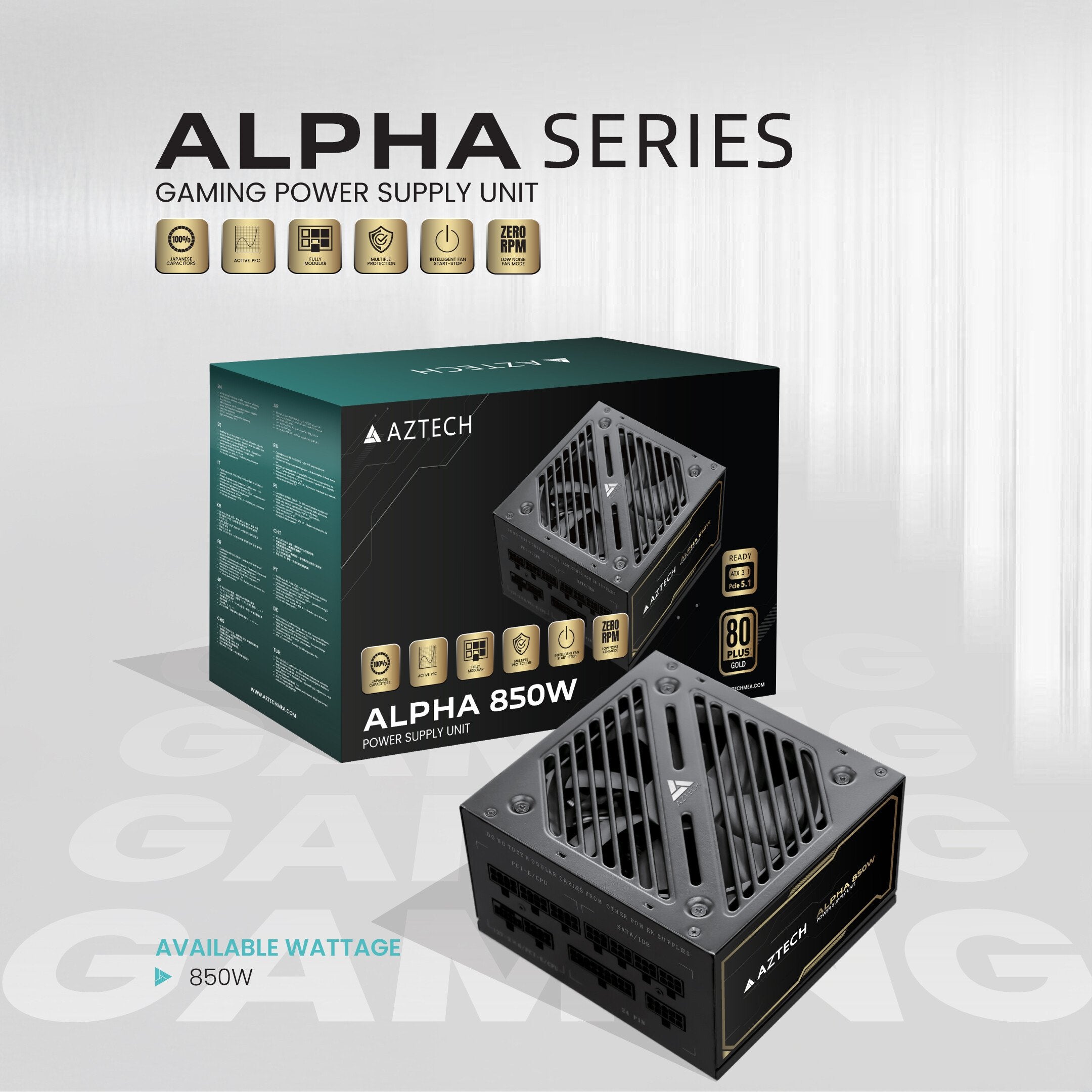 AZTECH PRIME 850W 80 Plus GOLD  ATX 3.1 & PCIe 5.1 Ready Fully Modular Power Supply Ultra‑Quiet Hybrid Fan PSU 120 mm, Japanese 100% 105 °C Caps, ZERO RPM Low noise Control RTX 40 PSU & Ryzen & Intel