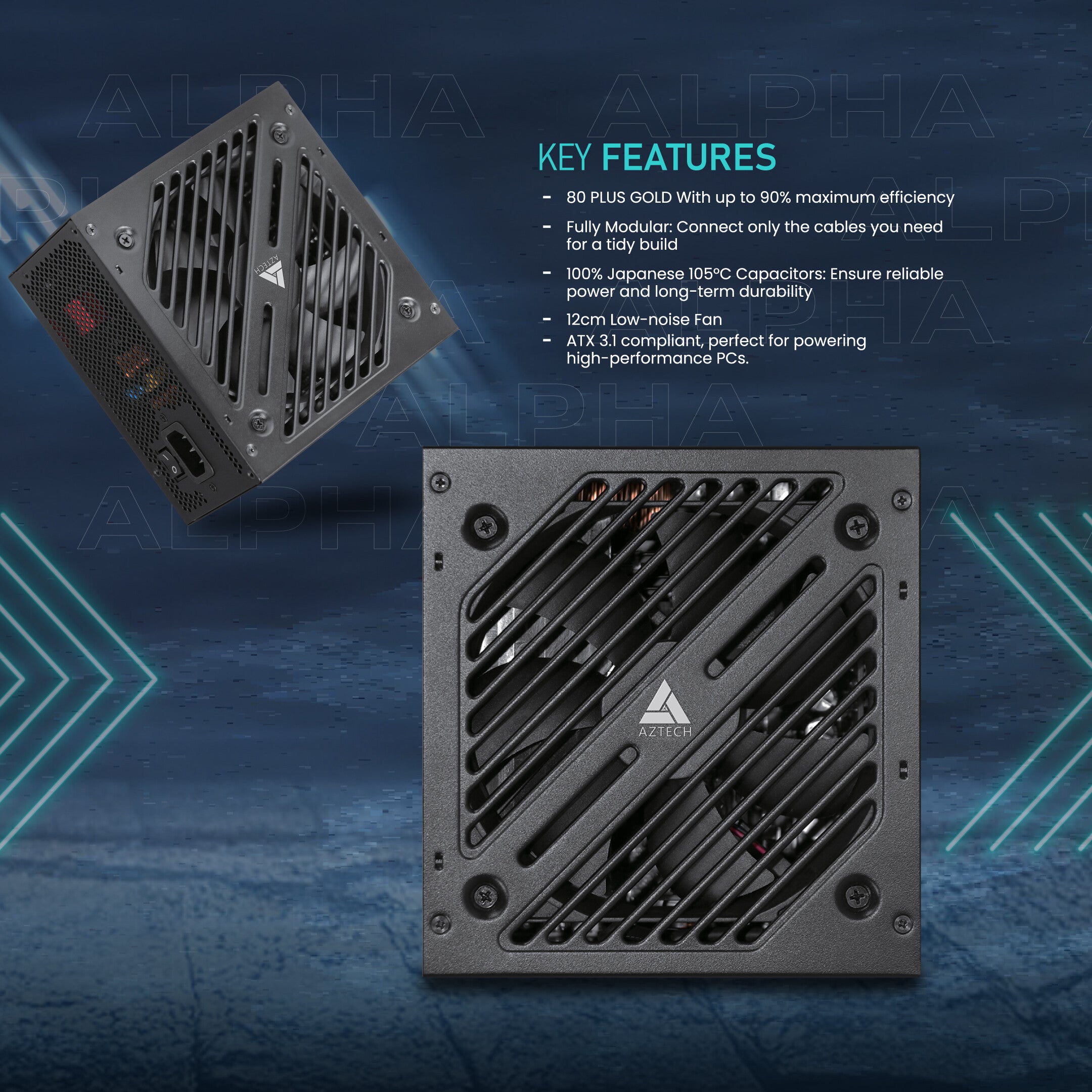 AZTECH PRIME 850W 80 Plus GOLD  ATX 3.1 & PCIe 5.1 Ready Fully Modular Power Supply Ultra‑Quiet Hybrid Fan PSU 120 mm, Japanese 100% 105 °C Caps, ZERO RPM Low noise Control RTX 40 PSU & Ryzen & Intel