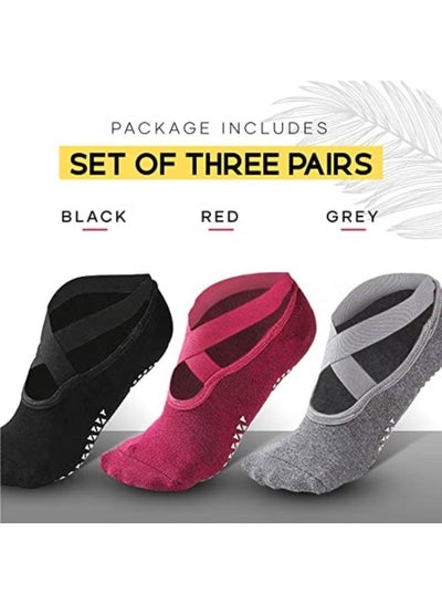 MEEGZ Three Pairs Socks by Meego for Women Non Slip Grips & Straps Sticky Grippers for Pilates Pure Barre