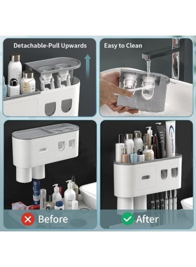 Wall Mounted Toothpaste Dispenser And Toothbrush Holder With Two Magnetic Cups