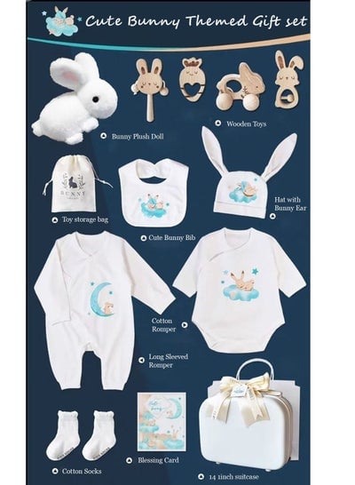 Baby Giftset for Newborn with Rompers and wooden toys in Cute Suitcase in Bunny Theme for Girls and Boys