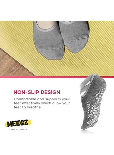 MEEGZ Three Pairs Socks by Meego for Women Non Slip Grips & Straps Sticky Grippers for Pilates Pure Barre
