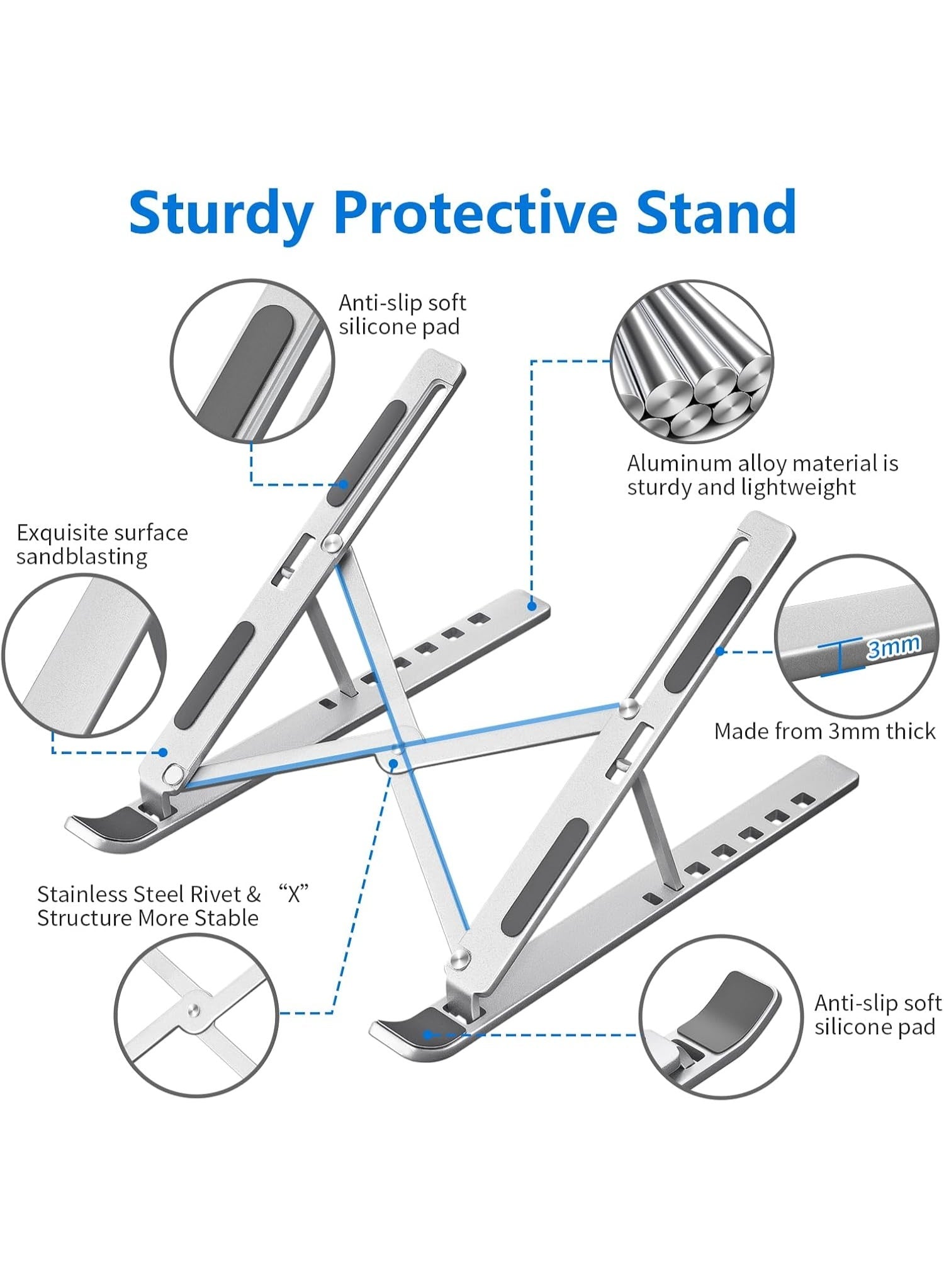 Eworld Laptop Stand for Desk – Aluminum Adjustable & Foldable Notebook Holder, Ergonomic Computer Riser with 7 Angles, Cooling Ventilation, Compatible with 10–15.6 Inch Laptops & Tablets (Silver)