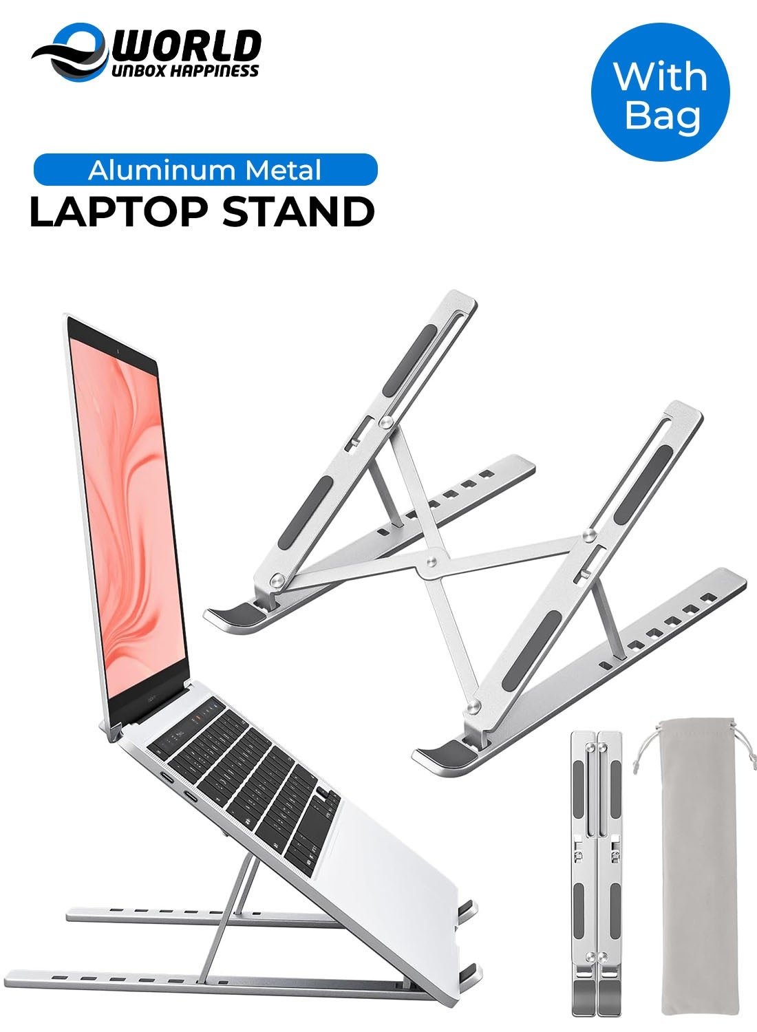 Eworld Laptop Stand for Desk – Aluminum Adjustable & Foldable Notebook Holder, Ergonomic Computer Riser with 7 Angles, Cooling Ventilation, Compatible with 10–15.6 Inch Laptops & Tablets (Silver)