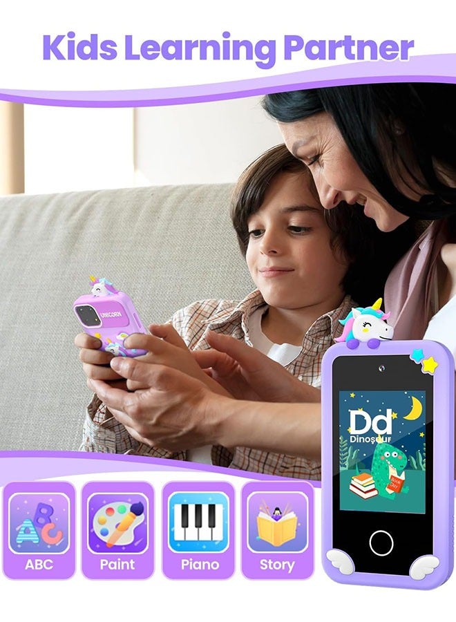Kids Smart Phone with 3D Holographic Pyramid, 2.8inch Touchscreen Learning Toy with Dual Cameras and Music Player, Perfect Christmas, eid and Birthday Gift for Ages 3-10, Purple