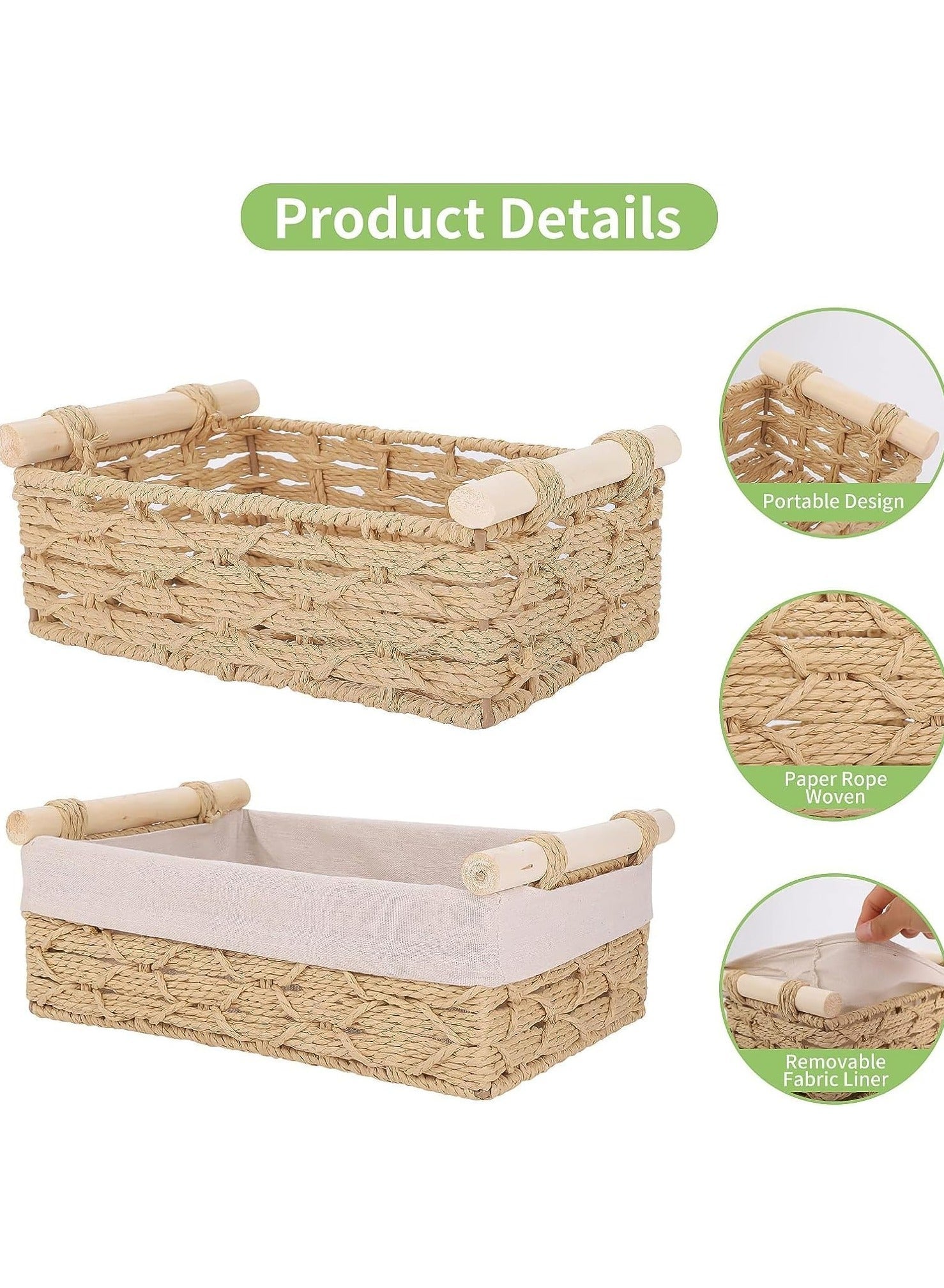 Set of 2 Rectangular Woven Storage Baskets with Washable Liners, Paper Rope Straw Rattan Baskets for Organizing with Handles, Ideal for Cosmetics, Toys, Books, and Daily Essentials