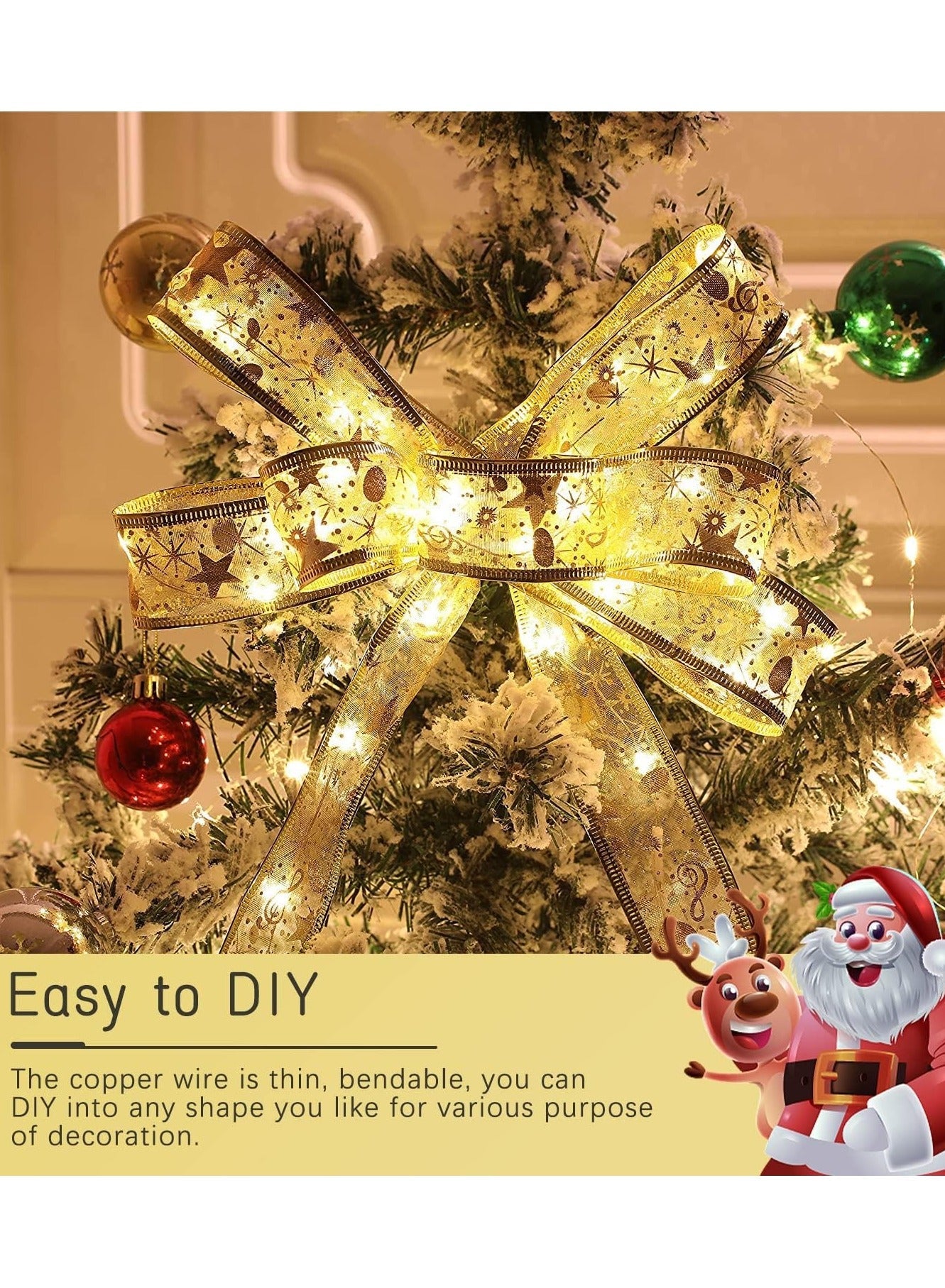 Eworld 10M Christmas Tree Ribbon Lights with 100 LED, Double Layer Copper Wire Ribbon Bows for Holiday Decorations, Battery Powered Gold with Warm White Light for Christmas Tree, Garden, and Party Decor