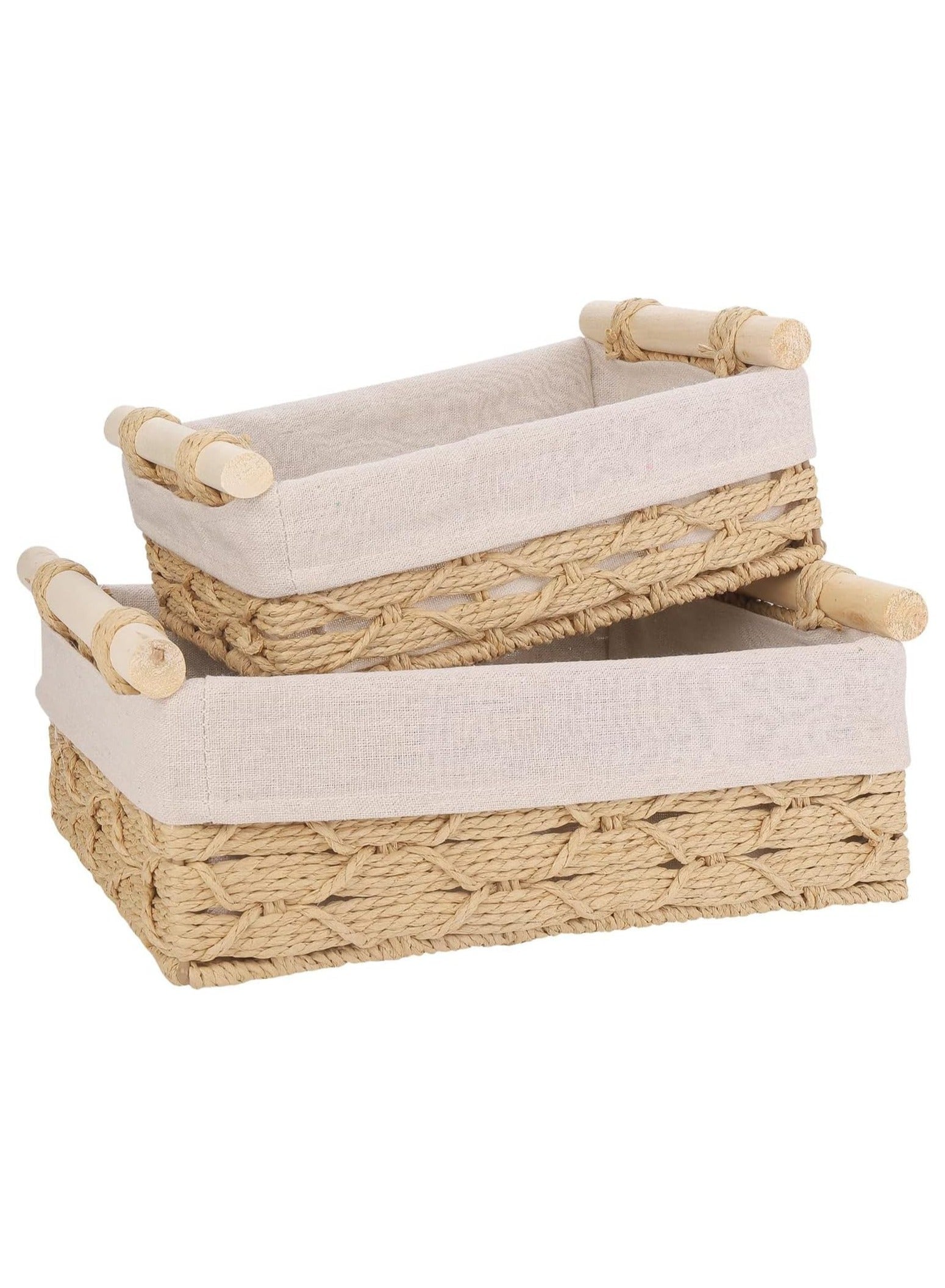 Set of 2 Rectangular Woven Storage Baskets with Washable Liners, Paper Rope Straw Rattan Baskets for Organizing with Handles, Ideal for Cosmetics, Toys, Books, and Daily Essentials