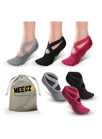 MEEGZ Three Pairs Socks by Meego for Women Non Slip Grips & Straps Sticky Grippers for Pilates Pure Barre