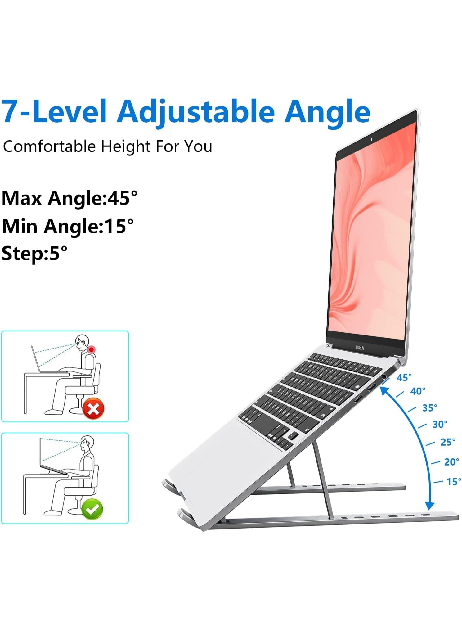 Eworld Laptop Stand for Desk – Aluminum Adjustable & Foldable Notebook Holder, Ergonomic Computer Riser with 7 Angles, Cooling Ventilation, Compatible with 10–15.6 Inch Laptops & Tablets (Silver)