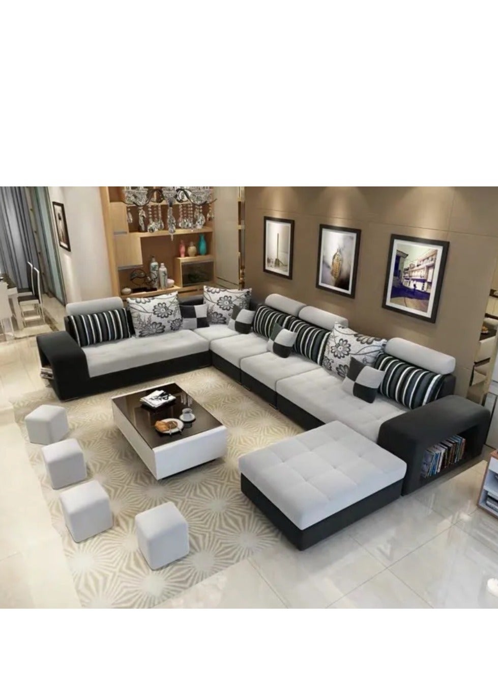 Simple Leisure Fashion Fabric Combination Living Room Sofa Set L Shape Grey 7 Seaters 360X90X85