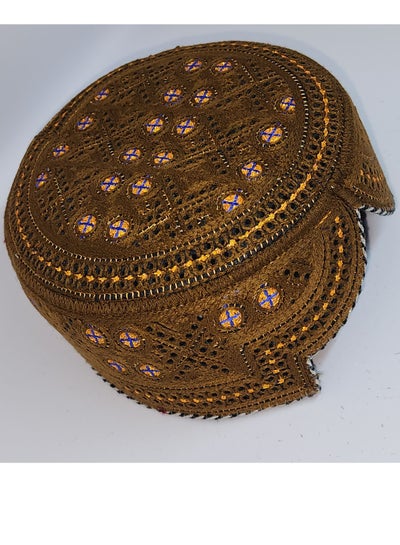 Traditional Sindhi Cap Topi is known as The Sindhi Kufi Handmade Woven Embroidery Use By Sindhis in Pakistan Essential Part Of Saraiki And Balochi Culture in Mehndi with Blue & Gold