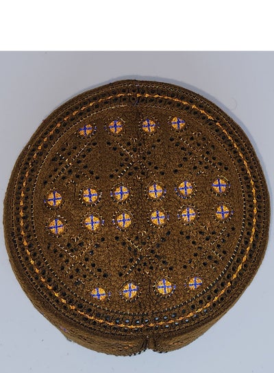 Traditional Sindhi Cap Topi is known as The Sindhi Kufi Handmade Woven Embroidery Use By Sindhis in Pakistan Essential Part Of Saraiki And Balochi Culture in Mehndi with Blue & Gold