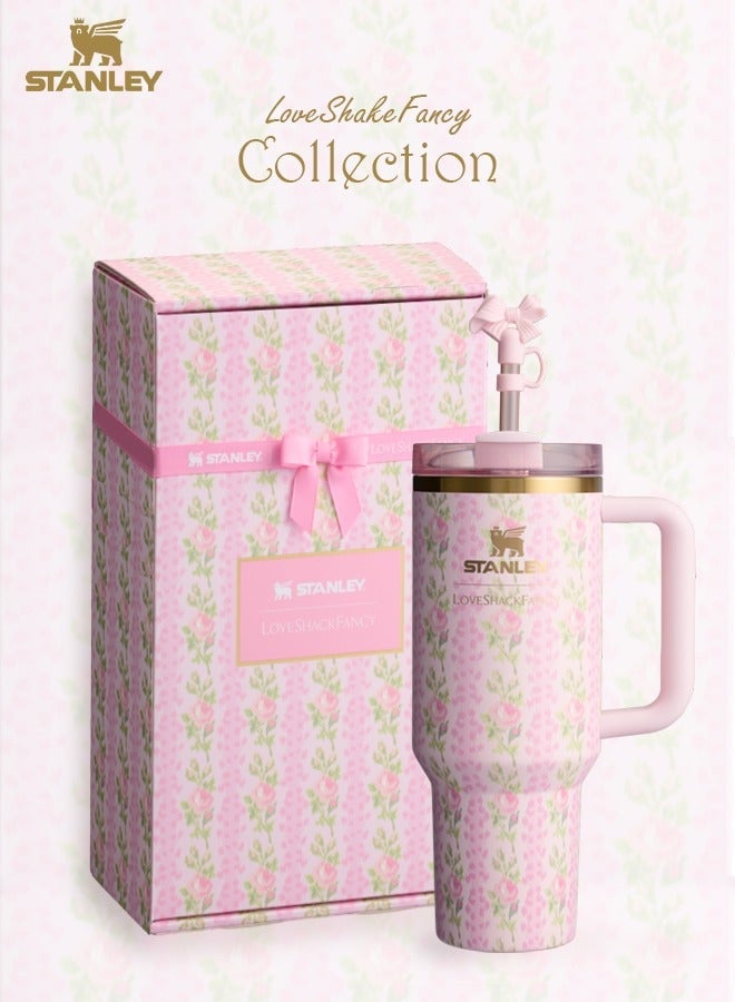 Stanley Love Shack Fancy H2.0 Flow State 40oz Pink Rose Cortex Tumbler, Stainless Steel Vacuum Insulated Quencher with Lid, Straw, and Stopper, Ideal for Water and Iced Tea, Keeps Drinks Cold, Presented in Elegant Gift-Ready Packaging