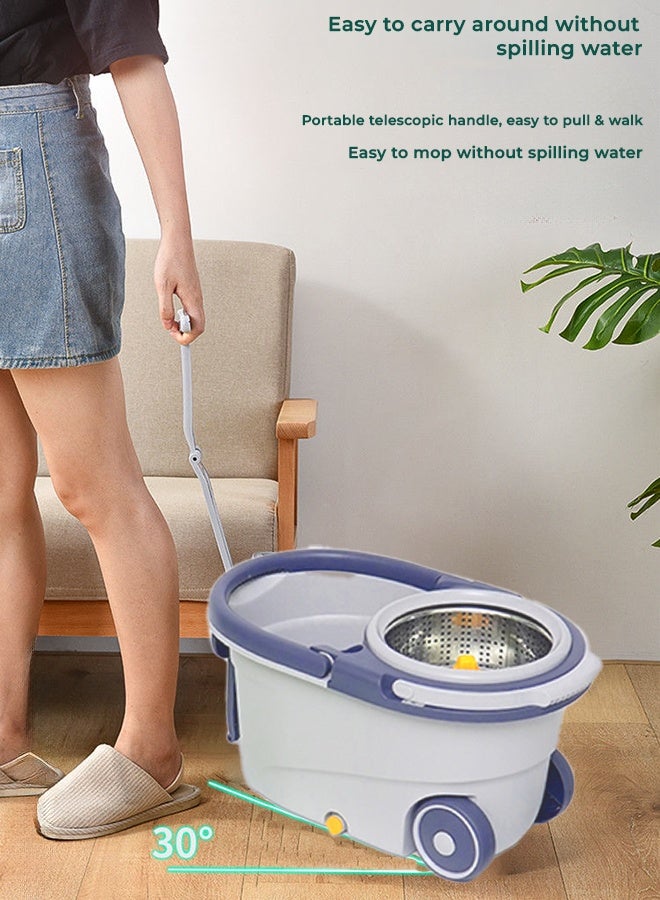 Spin Mop and Bucket Set with Detachable Spinning Bucket, Wheels, Stainless Steel Telescopic Handle and Reusable Microfiber Mop Heads, 6L Bucket for Effortless and Deep Floor Cleaning on All Surfaces