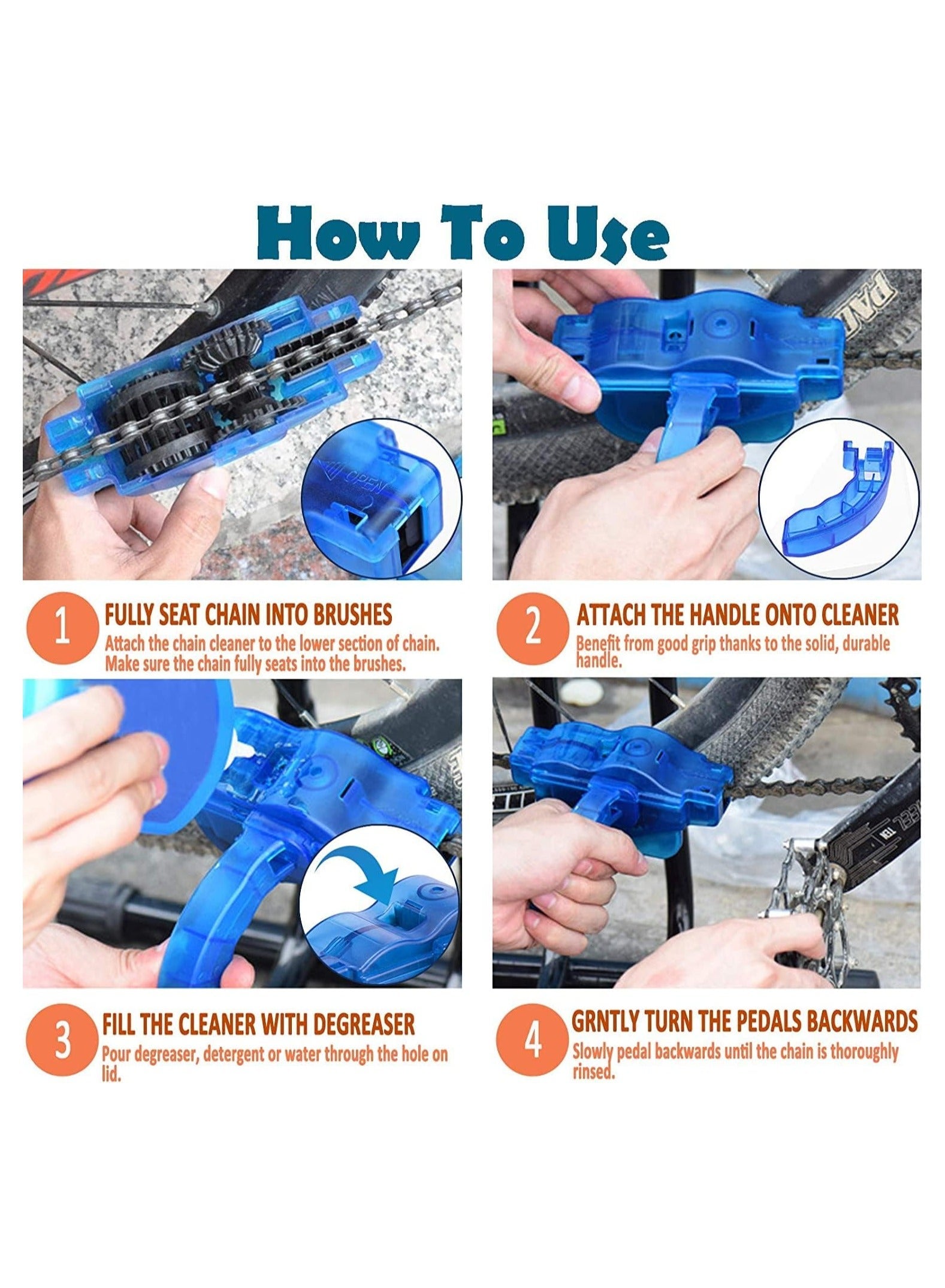 Bike Chain Cleaner, 4 Pack Bike Cleaning Kit, Portable Bike Chain Scrubber and Chain Brush, Bicycle Cleaning Brush Tool for Cycling, Mountain Bike, Road Bike, BMX
