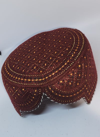 Traditional Sindhi Cap Topi is known as The Sindhi Kufi Handmade Woven Embroidery Use By Sindhis in Pakistan Essential Part Of Saraiki And Balochi Culture in Lal Mehndi with Gold