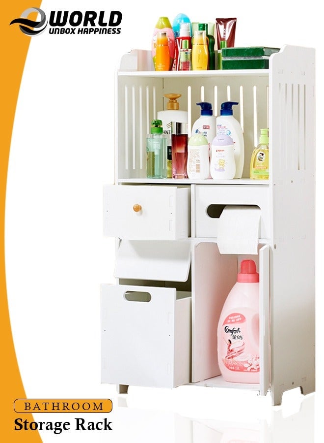 Eworld Waterproof White PVC Floor Cabinet Organizer, Stylish Storage Solution Featuring Shelves, Drawer, Tissue Holder, and Door for Bathroom, Kitchen, Living Room, or Bedroom Accessories