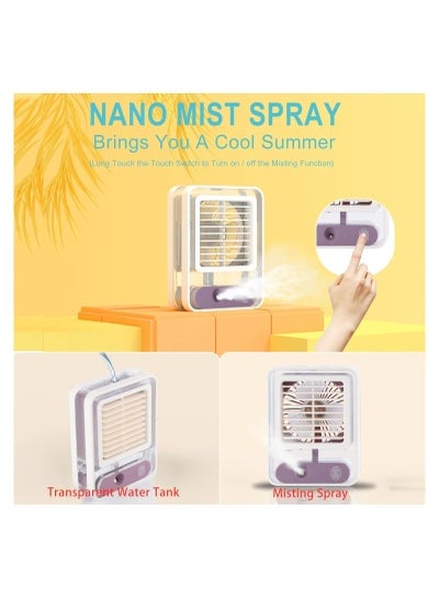 Small Personal Desk Fan with Mist Spray,LED Night Light,Electric Battery Operated Water Misting Fan,USB Rechargeable Portable Quiet Mini Desktop Table Cooling Fan for Office,Camping,Indoor,Outdoor