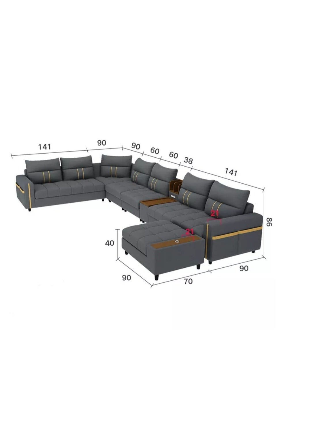 Modern Couch U Shaped Faux Leather Living Room Furniture Chaise Lounge Recliner Sectional L Shape Corner Sofa Set 7 Seater Grey 389X231X86