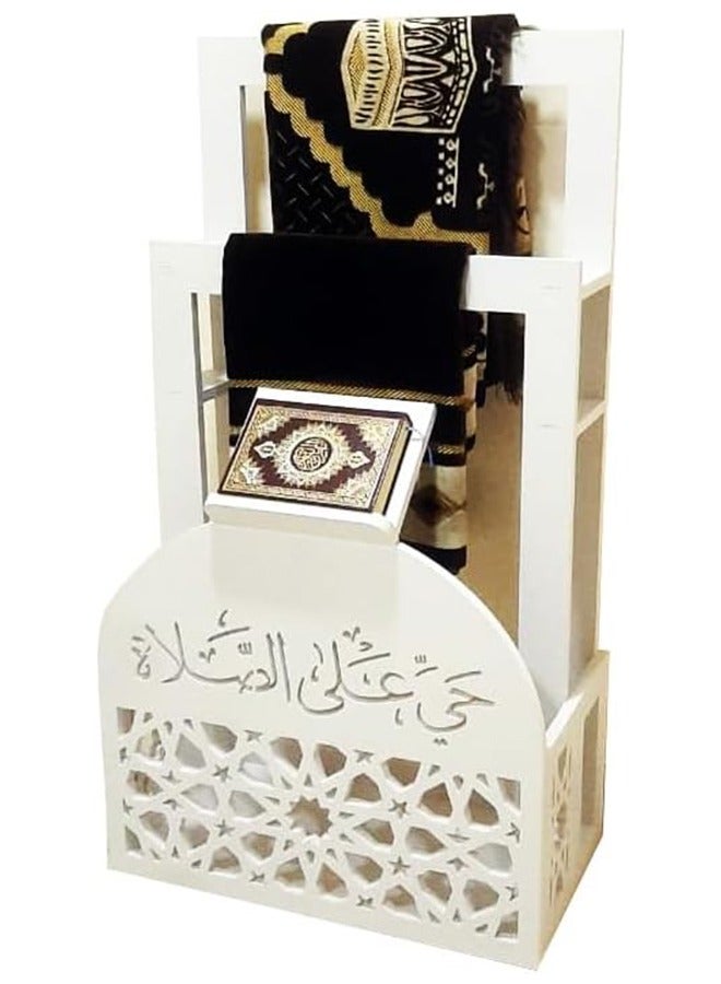 Elegant White Ramadan Prayer Mat and Quran Holder with Arabic Calligraphy for Home and Office Decor, Stylish, Space-Saving, Water and Fireproof Design with Lightweight Convenience