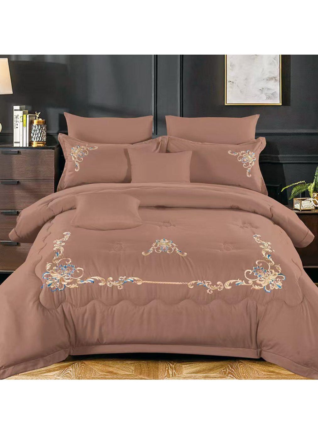 Comfy 6pc Embroidered Premium Quality Pure Cotton King Size Comforter Set Brown