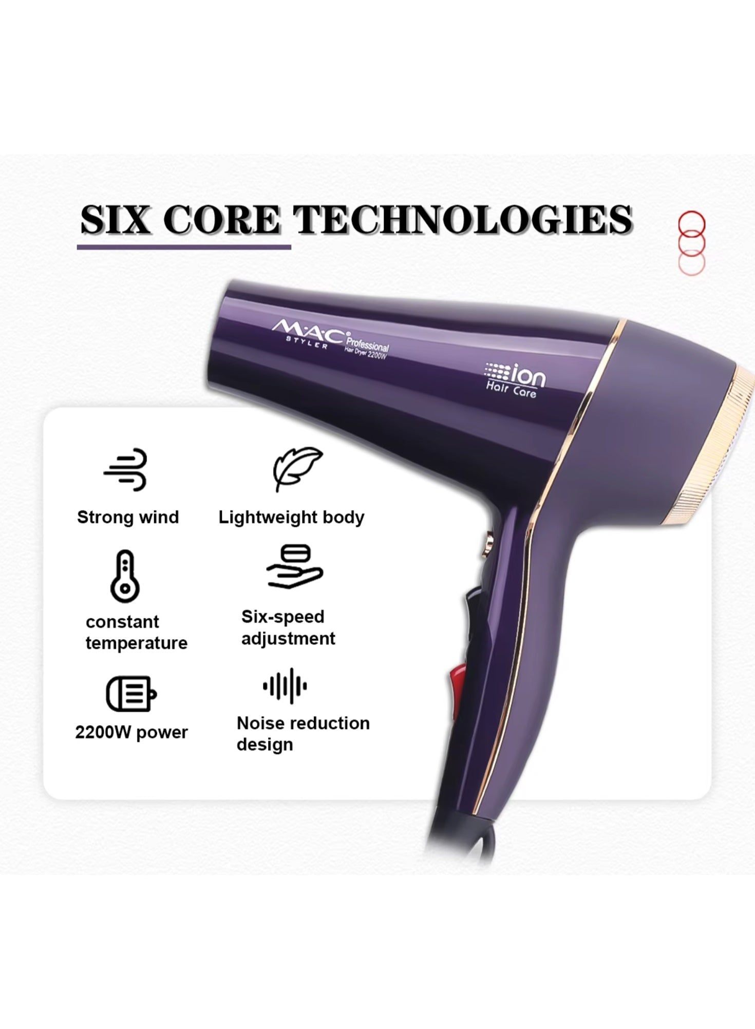 Mac Styler Professional Hair Dryer Durable Salon 2200W High Speed Hair Dryer Styling Tool Powerful Hair Dryer Set MC-6690A