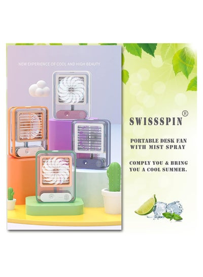 Small Personal Desk Fan with Mist Spray,LED Night Light,Electric Battery Operated Water Misting Fan,USB Rechargeable Portable Quiet Mini Desktop Table Cooling Fan for Office,Camping,Indoor,Outdoor