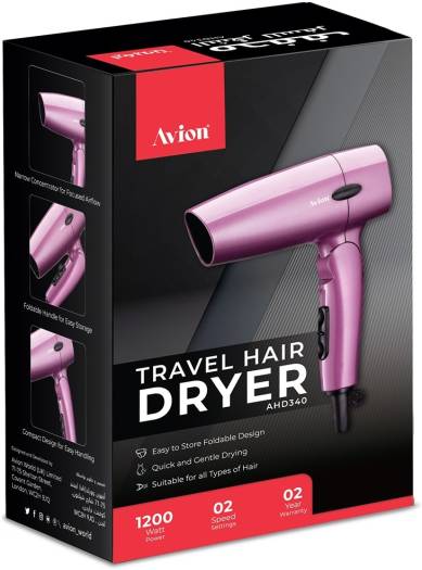 Avion Travel Hair Dryer | Foldable Handle | Narrow Concentrator for Focused Airflow | Quick & Gentle Drying | Easy Handling | 2 Speed Settings,AHD340