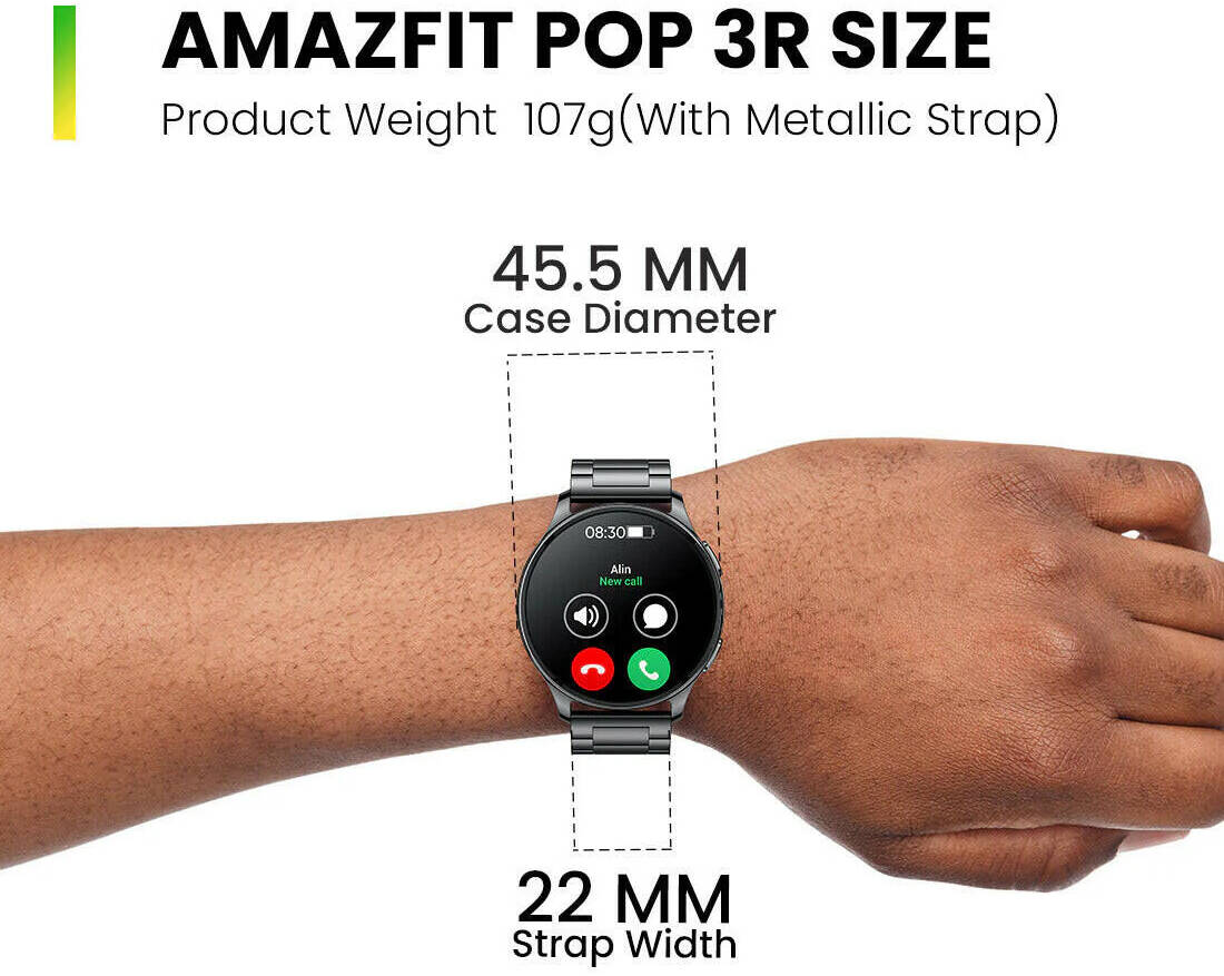 ساعة Pop 3R الذكية بشاشة AMOLED عالية الدقة مقاس 1.43 بوصة (3.6 سم)، وميزة الاتصال عبر البلوتوث والمساعدة الصوتية بالذكاء الاصطناعي، باللون الأسود