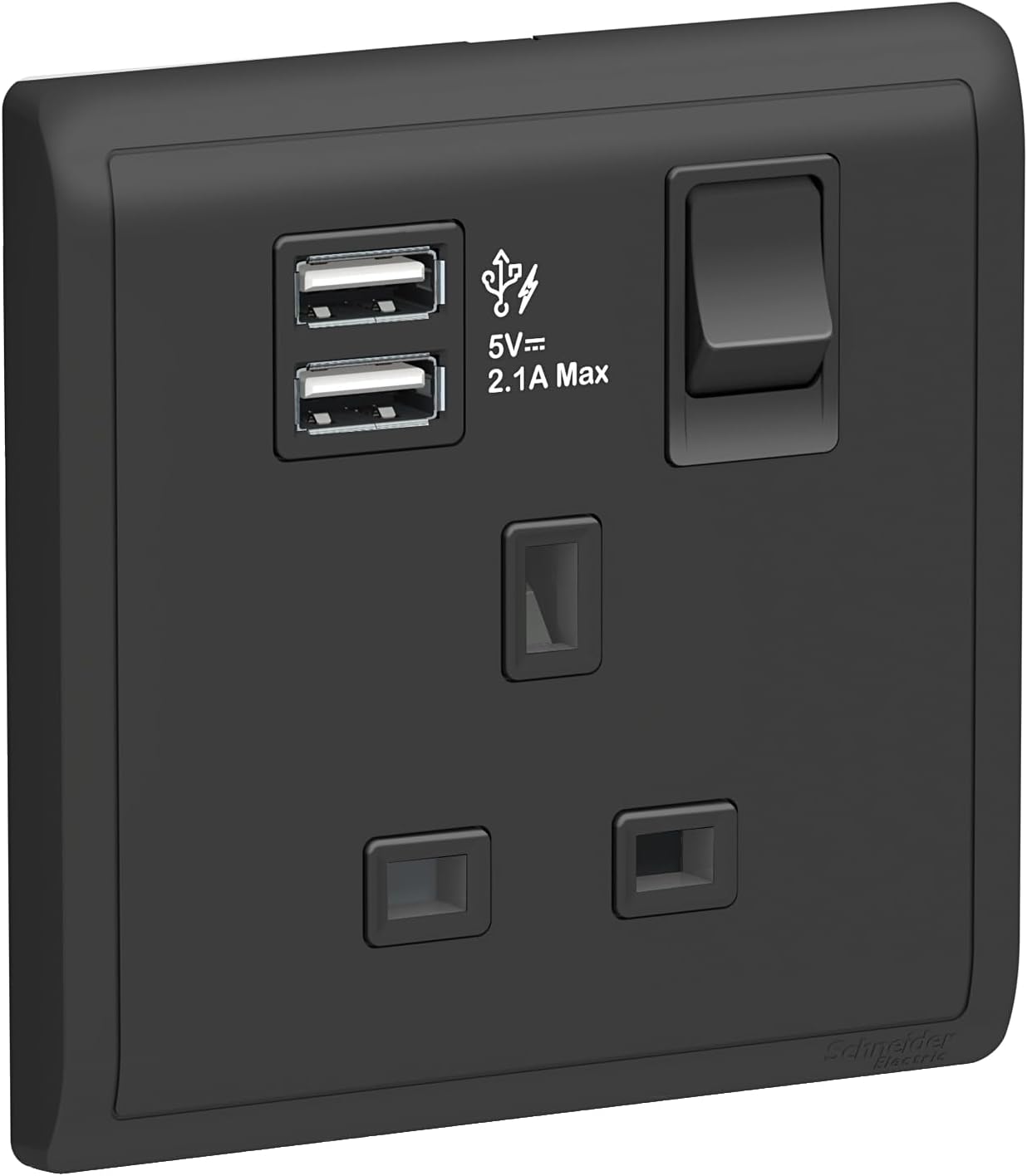 Schneider Electric 13A 1 Gang Switched Socket with 2.1A USB, Matt Black - E8215USB_MB_G12