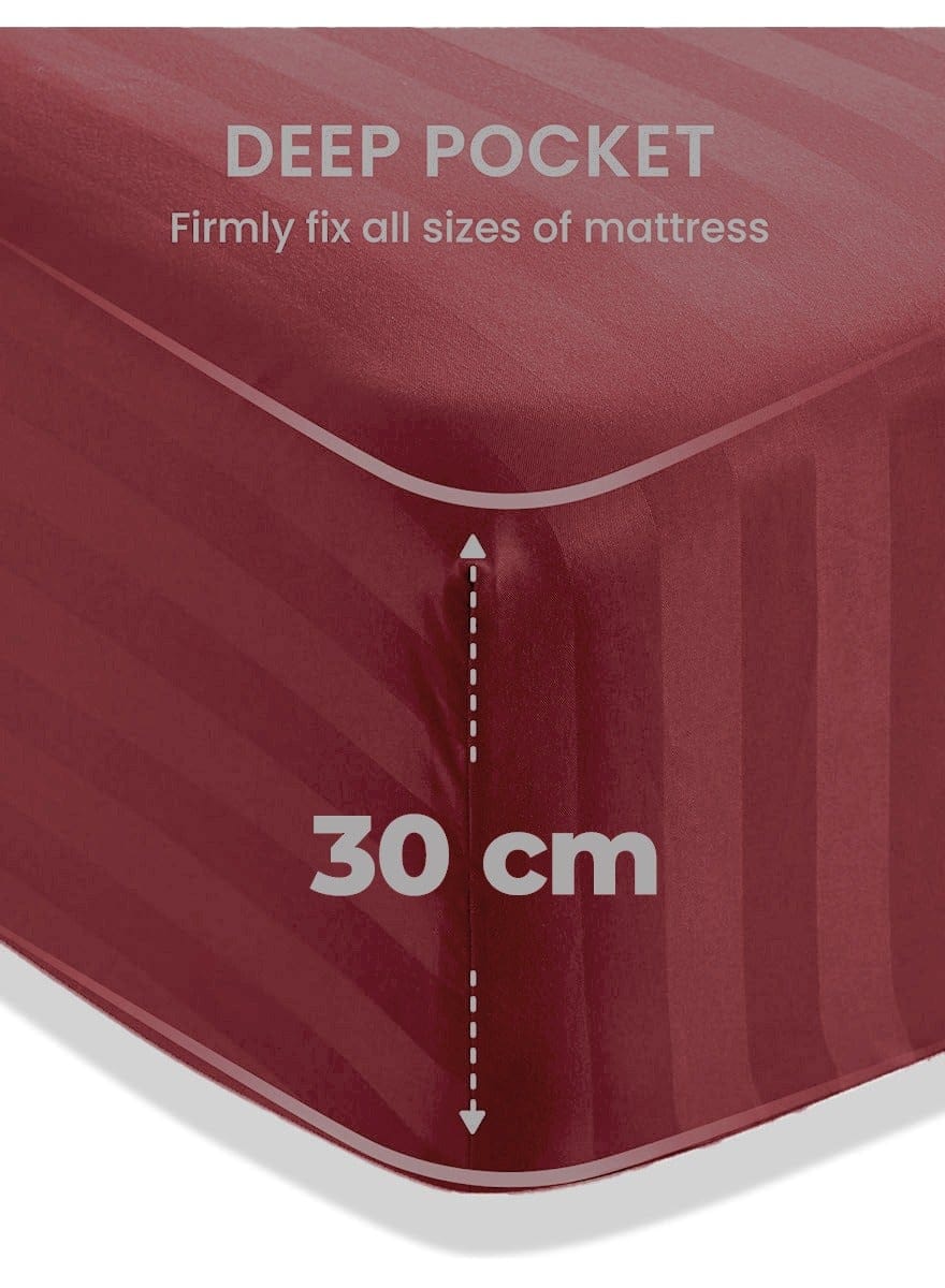 4-Piece Luxury King Size Maroon Striped Bedding Set Includes 1 Duvet Cover (220x240cm), 1 Fitted Bed Sheet (200x200+30cm), and 2 Pillow Cases (48x74+5cm) for Ultimate Hotel-Inspired Sophistication