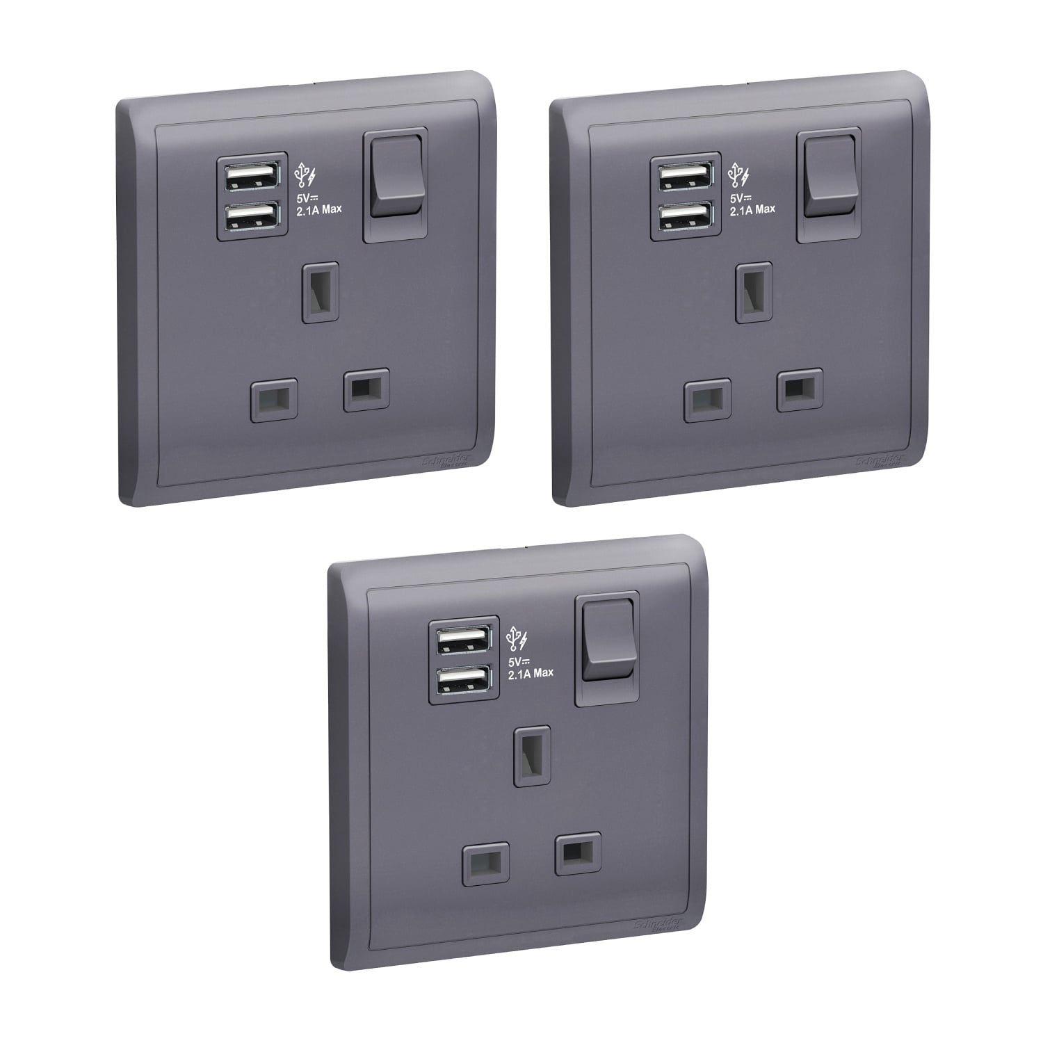 Schneider Electric Pieno 13A 1 Gang Switched Socket with 2.1A USB, Lavender Silver - E8215USB_LS_G11 - Pack of 3