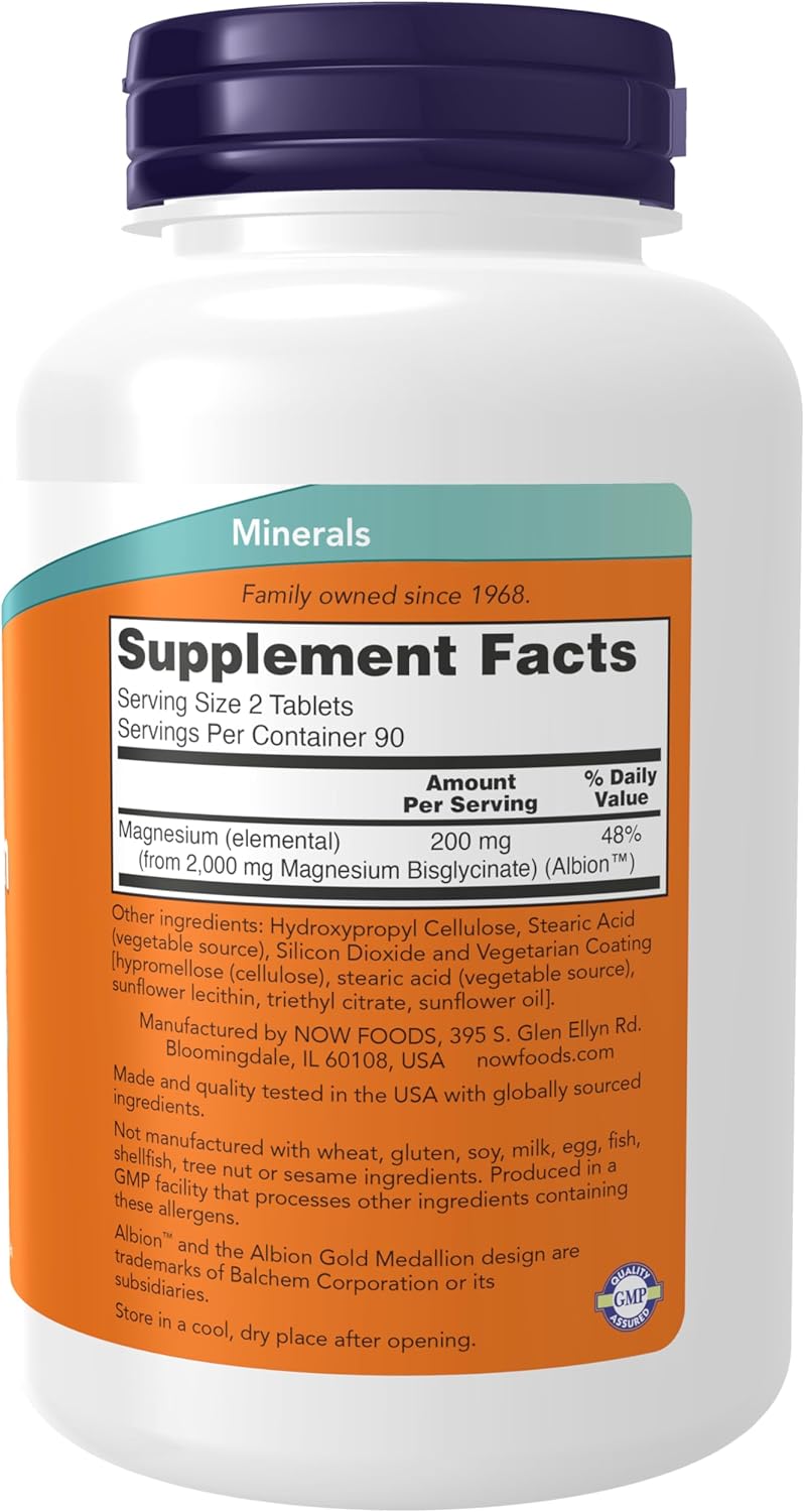 Now Magnesium Glycinate, 180 Tablets, 200 mg, Highly Absorbable Form, Supports Healthy Muscle, Nerve & Heart Functions