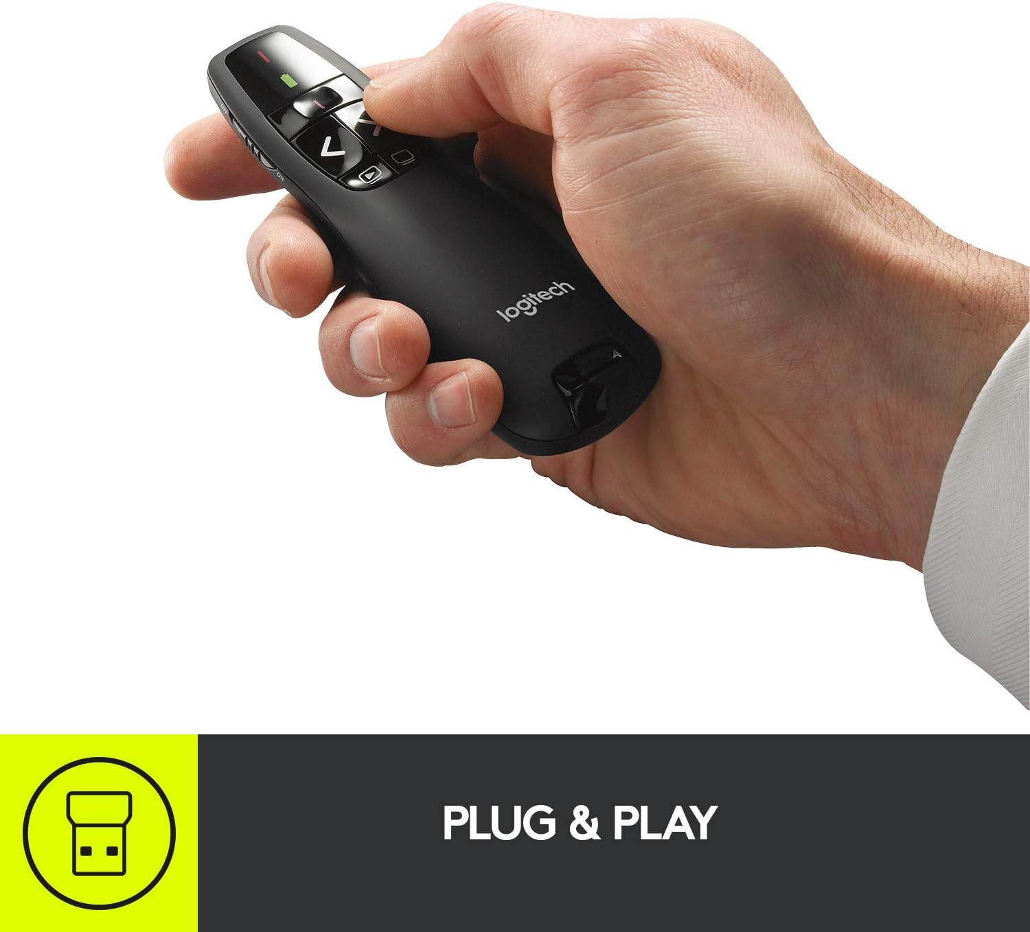 جهاز تحكم عن بعد لاسلكي للعروض التقديمية R400، 2.4 جيجاهرتز، مستقبل USB، مؤشر ليزر أحمر، نطاق تشغيل 15 مترًا، 6 أزرار، تحكم بديهي في عرض الشرائح، مؤشر البطارية، أسود للكمبيوتر الشخصي