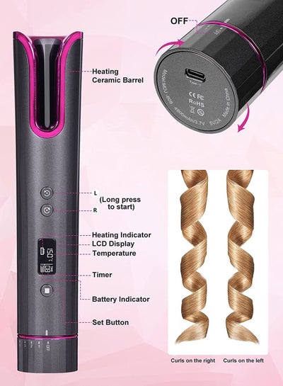 Cordless Wireless Automatic Hair Curler Roller Portable Iron Curling Wand with LCD Temperature Display and Timer USB TYPE-C