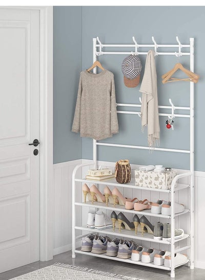 4 Tier Home Entryway Furniture Shelf Multipurpose Shoe and Coat Stand Clothes Rack Storage Organiser Multiple Hooks for Hanging Bags and Shirts and 4 Shelves