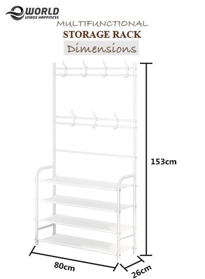 4 Tier Home Entryway Furniture Shelf Multipurpose Shoe and Coat Stand Clothes Rack Storage Organiser Multiple Hooks for Hanging Bags and Shirts and 4 Shelves