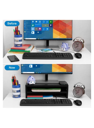 Computer Monitor Riser Laptop Stand with Cabins, Desktop Table Storage Organising Shelf Black